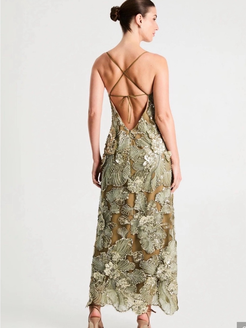 NEW Helsi Sage Green & Gold Beaded Floral Open Back Dress - XS - Picture 6 of 9